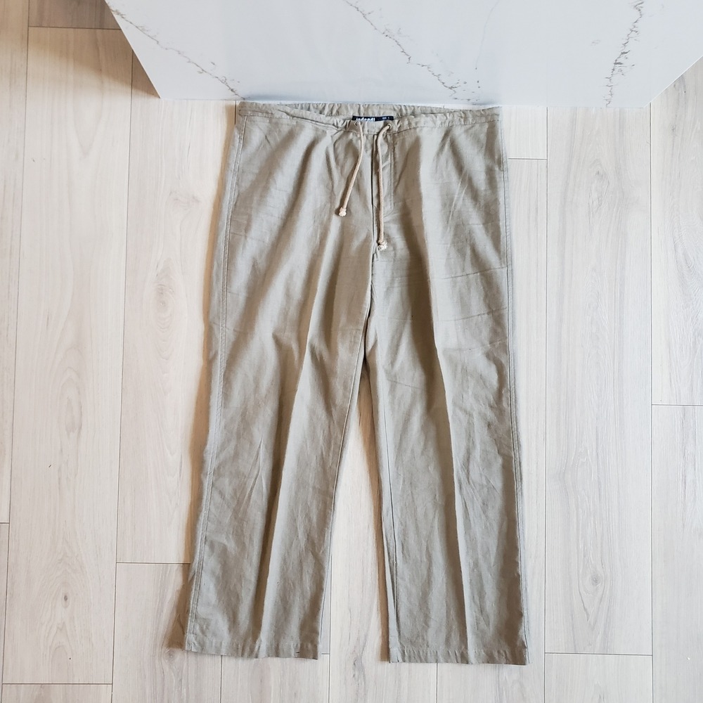 Indeed Pants Womens L Tan Linen Cotton Blend Wide Leg Vintage Drawstring Trouser